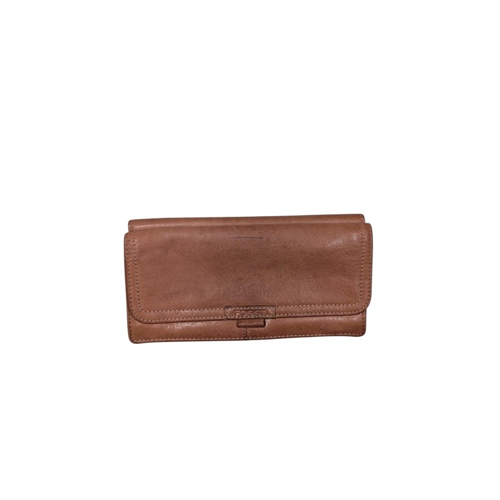 Vintage Fossil Leather Trifold Wallet Tan Cognac Brown Snap Closure Flap